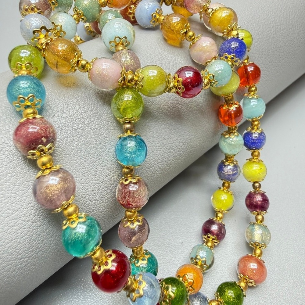 Murano Glass Multicolor Avventurina Beaded Necklace and Bracelet Set 22" 5.5"